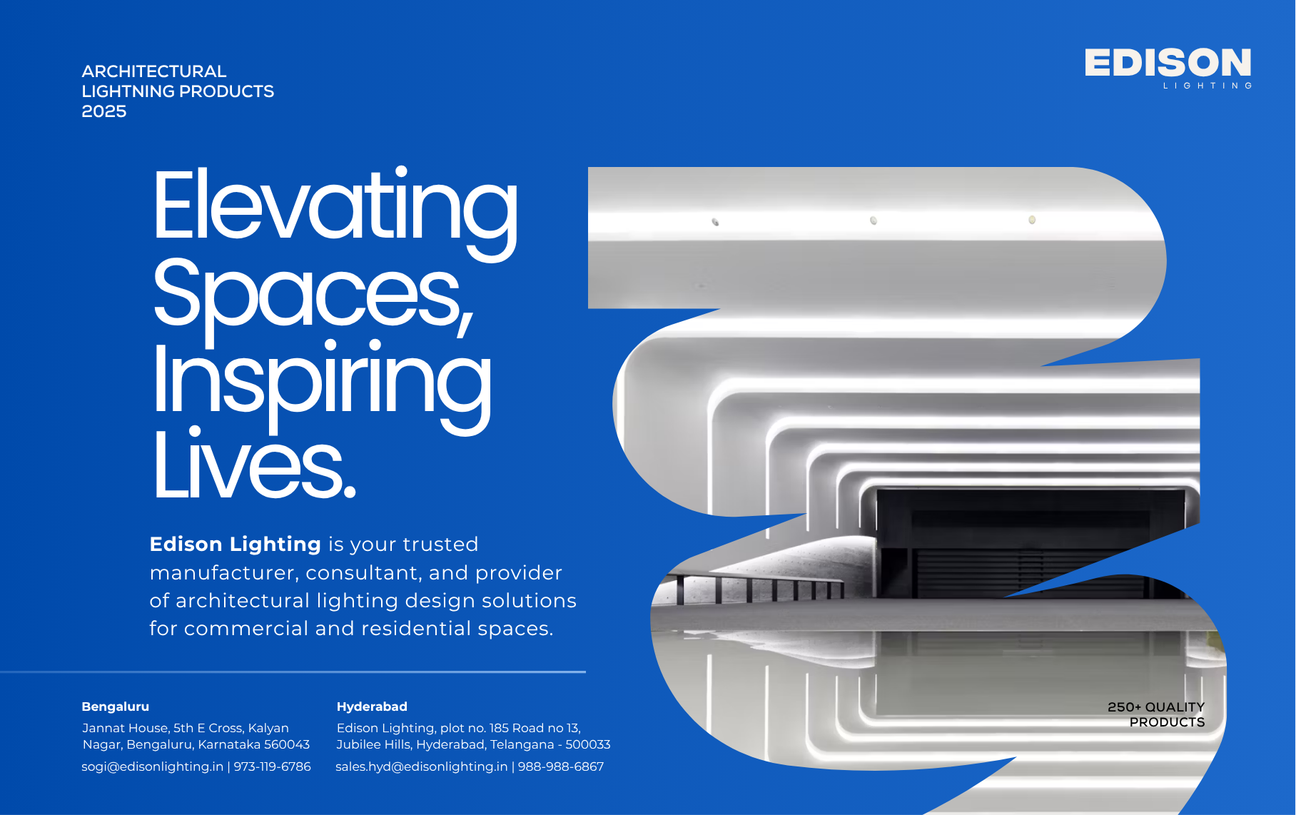 Edison Lighting architectural lighting catalogue cover, Elevating Spaces, Inspiring Lives